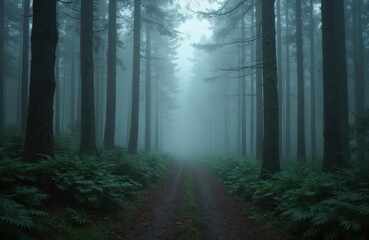 Obraz premium Foggy path winding through woods, shrouded in mist. Misty trail, creates mysterious atmosphere. Journey, wander, serene, peaceful forest landscape. Nature, exploration, hiking, walking, adventure,