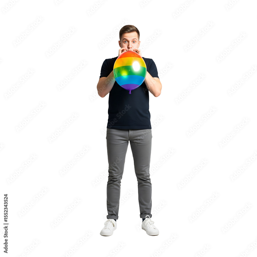 Poster man inflating a balloon
