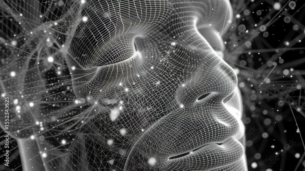 Aufkleber futuristic wireframe human face mesh rotating in dark space, revealing intricate digital network wit