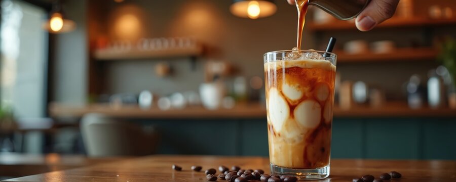 Refreshing iced coffee drink preparation in stylish cafe. Creamy swirl of coffee pouring over ice with black straw. Coffee beans on table. Cafe interior background. Delicious cold drink. Summer