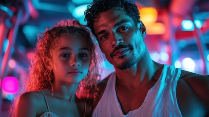 A heartwarming portrait of a father and daughter duo bathed in vibrant, colorful lights, evoking feelings of love and connection in a dynamic background setting.