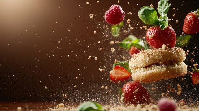 A captivating image showing an explosion of colorful fruits and a cookie, emphasizing food's vibrancy and creativity in a dynamic, artistic presentation for culinary delights.