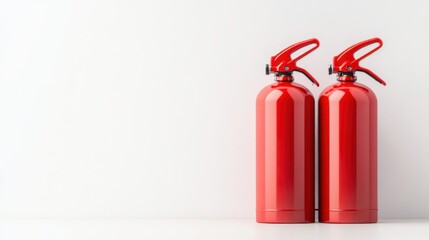 Obraz premium Display of Two Bright Red Fire Extinguishers on a Plain White Background
