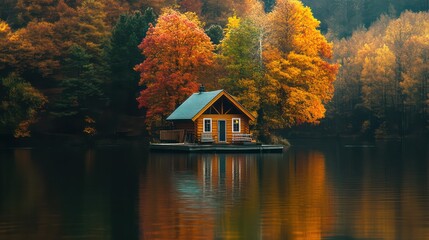 Fototapeta premium Serene Floating Cabin Surrounded by Autumn Foliage Reflected in Calm Lake Waters
