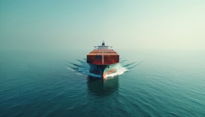 Fototapeta premium Cargo ship sails sea horizon. Massive vessel carries shipping containers. Transport industry, international trade, import export logistics. Vessel navigating ocean, freight delivery. Global economy,