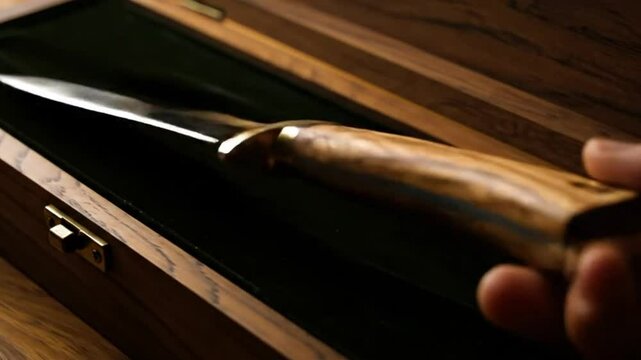 Beautiful handcrafted hunting knife with wooden handle in a wooden box for collectors item display