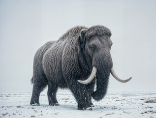 Obraz premium The image depicts a woolly mammoth standing in a snowy landscape. The mammoth has