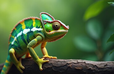 Colorful chameleon sits on branch, green background. Lizard displays camouflage, eye contact. Tropical reptile, exotic fauna wildlife nature. Close-up photo.