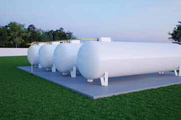 Large horizontal gas tanks at an industrial storage site, 3d illustration