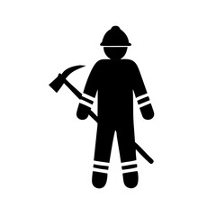 A person with a helmet holding a pickaxe stands ready for work in a black and white graphic