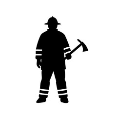 Obraz premium Silhouette of a firefighter in full gear holding an axe ready for action and responding to emergency calls