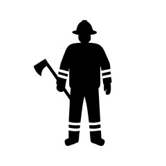 Silhouette of a firefighter holding an axe wearing protective gear ready for emergency situations duty call