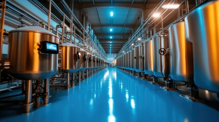 A sleek and modern brewery interior lined with stainless steel fermentation tanks that reflect contemporary industrial design, showcasing a clean and efficient brewing process.