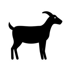 A solid black depiction of a domestic animal with short horns standing on a white background plain design
