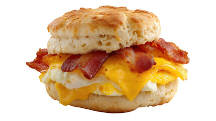 Bacon, egg, and cheese biscuit on white background