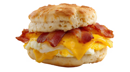 Bacon, egg, and cheese biscuit on white background