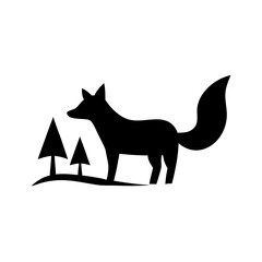 Silhouette of a canine standing near two coniferous trees in a simple graphic representation