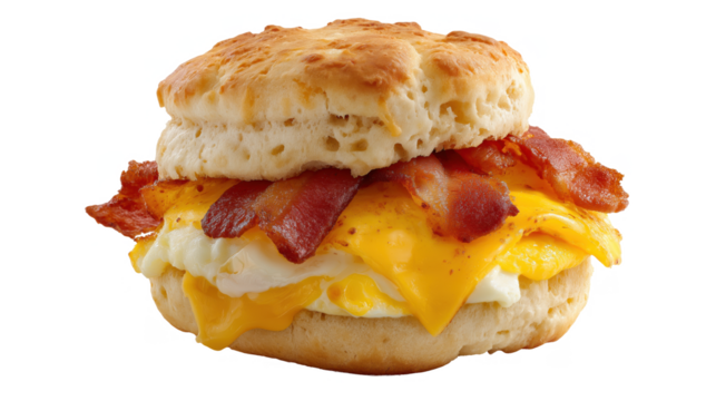 Bacon, egg, and cheese biscuit on white background