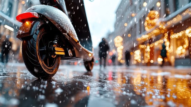 A close-up image of an electric scooter partially covered in fresh snow amidst a bustling winter street, reflecting the intersection of modern transport and seasonal beauty.
