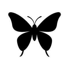A simple graphic of a dark silhouette of a butterfly with wings spread on a white background image