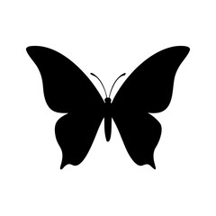 A dark silhouette of a winged insect with antennae displayed against a white plain background space here