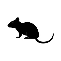 Silhouette of a small rodent with a long tail and rounded body facing left on a white background
