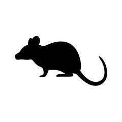 Silhouette of a small rodent with a long tail and round body standing on a white background view
