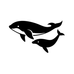 Two marine mammals swimming together in the ocean waters, a mother and her calf in simple graphic form