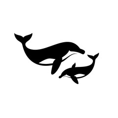 Silhouette graphic showing a mother and baby marine mammal swimming together in the ocean water scene