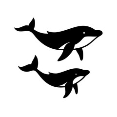 Two stylized aquatic mammals swimming gracefully in a monochrome design, sea life depiction art form