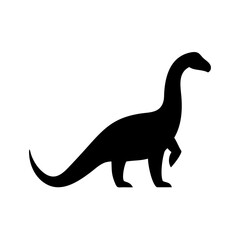 Silhouette of a long necked creature with a tail standing on two legs in black against white background