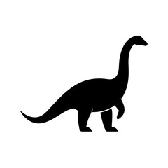 Silhouette of a long necked sauropod dinosaur standing on four legs with a long tail shown in black