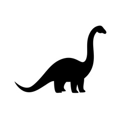 Silhouette of a long necked dinosaur standing peacefully on a white background design element here now © whaption65288