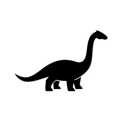 Silhouette of a long necked sauropod dinosaur with four legs and a tail shown in profile view