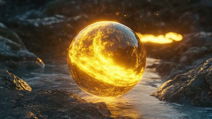 Fiery Orb Hovering Over Water-Kissed Rocks