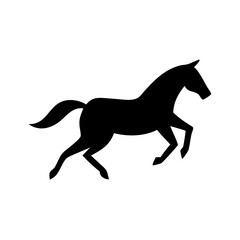 Silhouette of a black equine animal in motion with a flowing mane and tail galloping across the scene