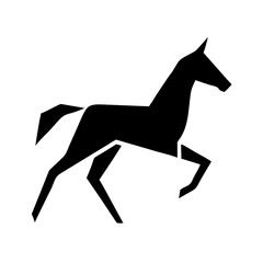 Stylized black equine figure with geometric shapes in a dynamic pose on a white background
