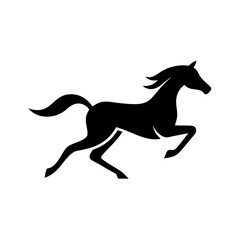 A dark silhouette of a equine galloping swiftly across a white background in a simple graphic style