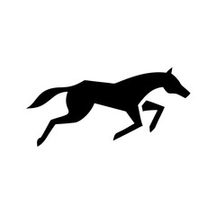 Obraz premium Stylized black silhouette of a horse jumping with geometric shapes on a white plain background