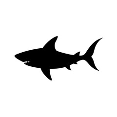 A black graphic rendering of a shark with visible teeth and fins against a white background space