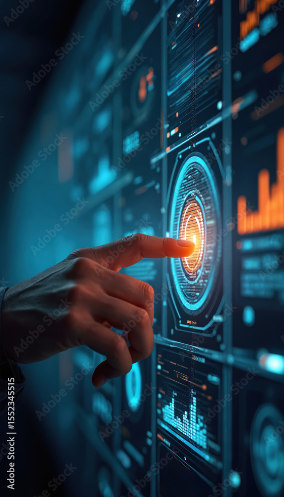 Fototapete hand interacts with digital interface displaying data analytics. data visualization, user interactio