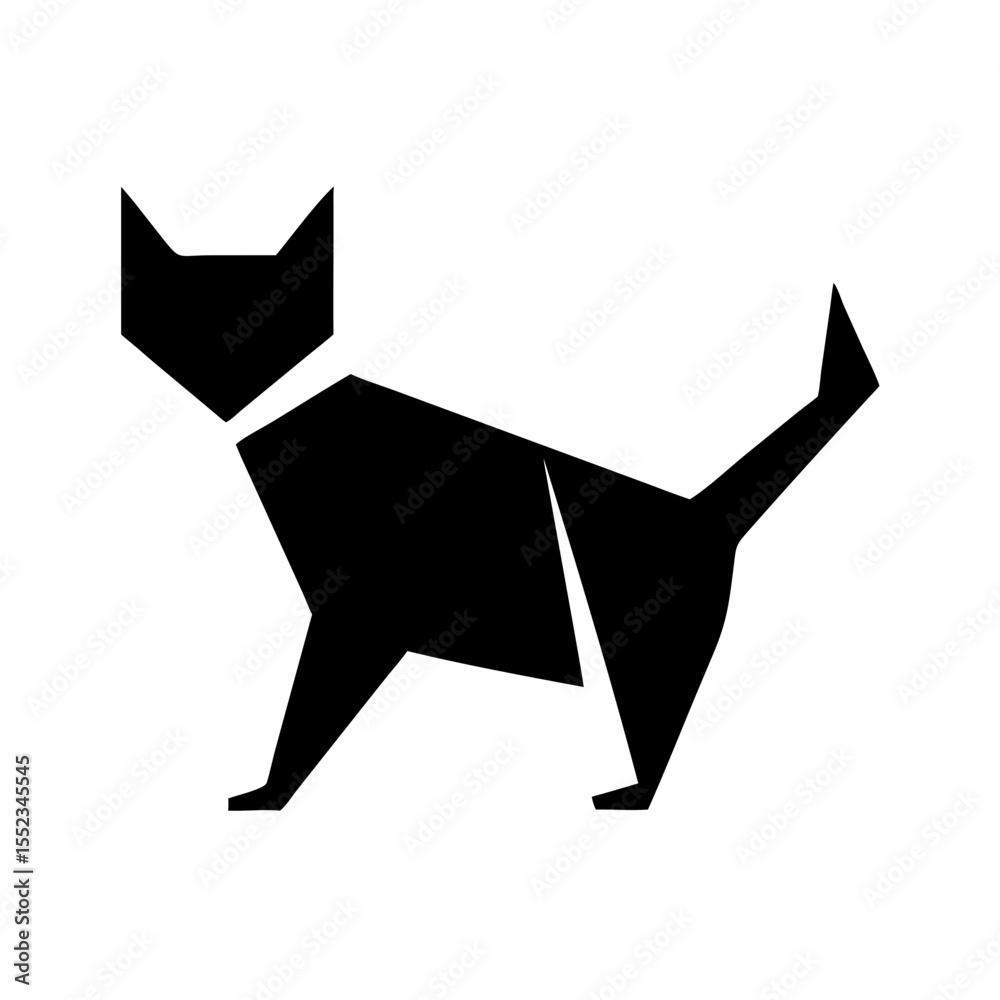 Poster geometric feline design in solid black showcasing a stylized cat with angular shapes and sharp lines