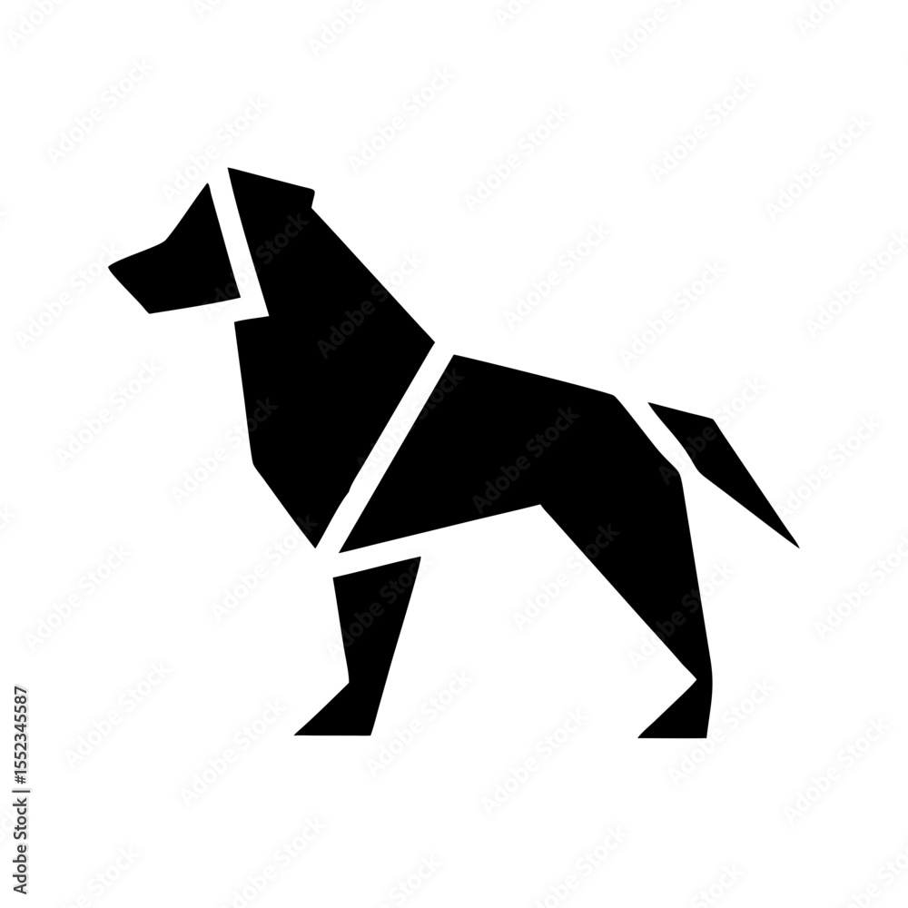 Poster geometric animal design featuring a canine standing in profile with sharp angular shapes and a tail 