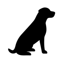 A solid black form of a canine sitting upright with a visible tail and head profile design element