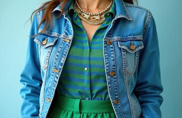 Stylish crop of woman wearing denim jacket over green striped shirt and green skirt. Fashionable woman in trendy clothes. Accessories include necklaces. Casual attire for modern confident women.