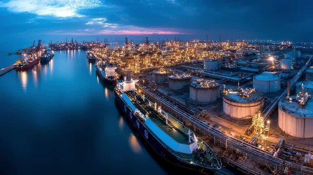 A panoramic shot of the shore terminal bustling with activity featuring multiple LNG carriers docked side by side cargo equipment in motion and cranes operating overhead illuminating