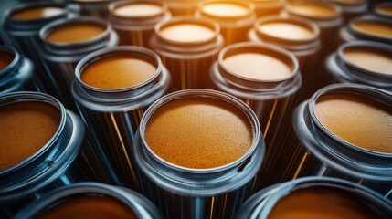 A visually stunning arrangement of beverage cans showcasing rich amber liquid, emphasizing modern design and aesthetic appeal in the consumer beverage market.