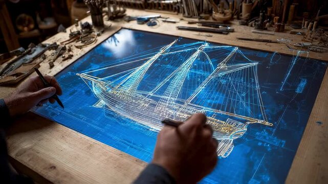 An aerial shot of a ship blueprint laid out on a drafting board enhanced by augmented reality simulations that visualize the installation of sails and rigging allowing for a threedimensional