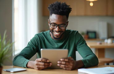 Young black man works remotely with tablet. Smiling african american freelancer uses digital tablet for study or online work at home. Modern tech, business, remote work, home office.
