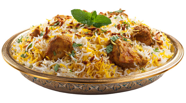 Delicious chicken biryani served in a golden bowl, a flavorful and aromatic South Asian rice dish.